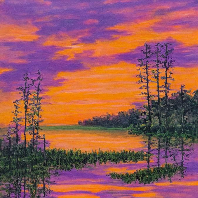 A serene landscape painting of a peaceful sunset over a calm lake